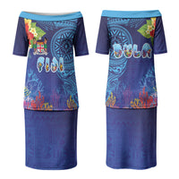 Fiji Day Couples Matching Puletasi and Long Sleeve Button Shirt Coral Reef with Tapa Motifs and Hibiscus Ocean Vibe LT03 - Polynesian Pride
