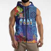 Fiji Day Sleeveless Zip Hoodie Coral Reef with Tapa Motifs and Hibiscus Ocean Vibe