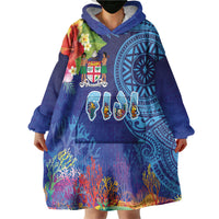 Fiji Day Wearable Blanket Hoodie Coral Reef with Tapa Motifs and Hibiscus Ocean Vibe LT03 - Polynesian Pride