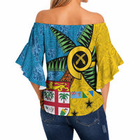 Malampa Fiji Day Off Shoulder Wrap Waist Top Tapa and Melanesian Patterns with Coat of Arms