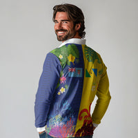 Malampa Fiji Day Long Sleeve Polo Shirt Volcano and Coral Reef with Culture Patterns Split Style LT03 - Polynesian Pride