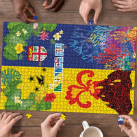 Malampa Fiji Day Puzzle Volcano and Coral Reef with Culture Patterns Split Style LT03 - Polynesian Pride