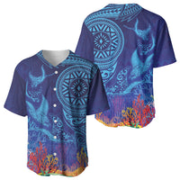 Fijian Tribal Manta Ray Baseball Jersey Masi Motif with Coral Reef Ocean Vibe LT03 - Polynesian Pride