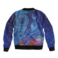 Fijian Tribal Manta Ray Bomber Jacket Masi Motif with Coral Reef Ocean Vibe