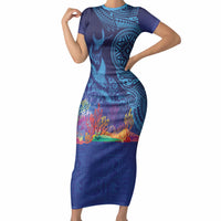 Fijian Tribal Manta Ray Short Sleeve Bodycon Dress Masi Motif with Coral Reef Ocean Vibe LT03 Long Dress Blue - Polynesian Pride
