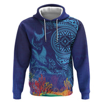 Fijian Tribal Manta Ray Zip Hoodie Masi Motif with Coral Reef Ocean Vibe LT03 Pullover Hoodie Blue - Polynesian Pride