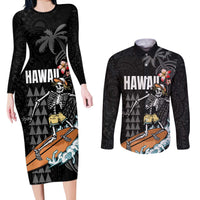 Hawaiian Halloween Skeleton Surfing Couples Matching Long Sleeve Bodycon Dress and Long Sleeve Button Shirt Polynesian Tribal Tattoo and Hawaiian Pattern LT03 Black - Polynesian Pride