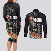 Hawaiian Halloween Skeleton Surfing Couples Matching Long Sleeve Bodycon Dress and Long Sleeve Button Shirt Polynesian Tribal Tattoo and Hawaiian Pattern LT03 - Polynesian Pride