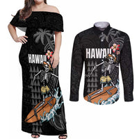 Hawaiian Halloween Skeleton Surfing Couples Matching Off Shoulder Maxi Dress and Long Sleeve Button Shirt Polynesian Tribal Tattoo and Hawaiian Pattern LT03 Black - Polynesian Pride