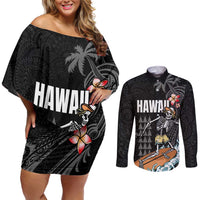 Hawaiian Halloween Skeleton Surfing Couples Matching Off Shoulder Short Dress and Long Sleeve Button Shirt Polynesian Tribal Tattoo and Hawaiian Pattern LT03 Black - Polynesian Pride