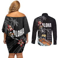 Hawaiian Halloween Skeleton Surfing Couples Matching Off Shoulder Short Dress and Long Sleeve Button Shirt Polynesian Tribal Tattoo and Hawaiian Pattern LT03 - Polynesian Pride