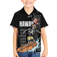 Hawaiian Halloween Skeleton Surfing Family Matching Off The Shoulder Long Sleeve Dress and Hawaiian Shirt Polynesian Tribal Tattoo and Hawaiian Pattern