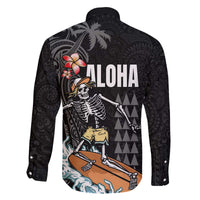 Hawaiian Halloween Skeleton Surfing Family Matching Off Shoulder Short Dress and Hawaiian Shirt Polynesian Tribal Tattoo and Hawaiian Pattern LT03 - Polynesian Pride