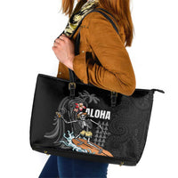Hawaiian Halloween Skeleton Surfing Leather Tote Bag Polynesian Tribal Tattoo and Hawaiian Pattern LT03 Black - Polynesian Pride