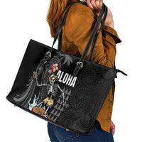 Hawaiian Halloween Skeleton Surfing Leather Tote Bag Polynesian Tribal Tattoo and Hawaiian Pattern LT03 - Polynesian Pride