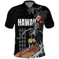 Hawaiian Halloween Skeleton Surfing Polo Shirt Polynesian Tribal Tattoo and Hawaiian Pattern LT03 Black - Polynesian Pride