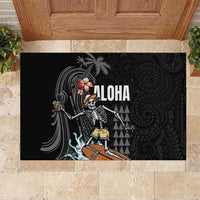 Hawaiian Halloween Skeleton Surfing Rubber Doormat Polynesian Tribal Tattoo and Hawaiian Pattern LT03 Black - Polynesian Pride