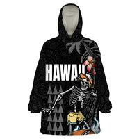 Hawaiian Halloween Skeleton Surfing Wearable Blanket Hoodie Polynesian Tribal Tattoo and Hawaiian Pattern LT03 One Size Black - Polynesian Pride