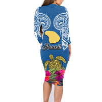 Hawaii Lanai Island Long Sleeve Bodycon Dress Hibiscus Turle and Map with Polynesian Spiral LT03 - Polynesian Pride