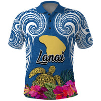 Hawaii Lanai Island Polo Shirt Hibiscus Turle and Map with Polynesian Spiral LT03 Blue - Polynesian Pride