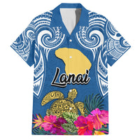 Custom Hawaii Lanai Island Family Matching Puletasi Dress and Hawaiian Shirt Hibiscus Turle and Map with Polynesian Spiral LT03 Dad's Shirt - Short Sleeve Blue - Polynesian Pride