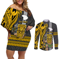 Hawaii Lanai Island Couples Matching Off Shoulder Short Dress and Long Sleeve Button Shirts Hawaiian Warrior and Kakau Symbols Abstract Tattoo LT03 Yellow - Polynesian Pride