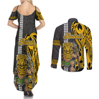 Hawaii Lanai Island Couples Matching Summer Maxi Dress and Long Sleeve Button Shirts Hawaiian Warrior and Kakau Symbols Abstract Tattoo LT03 - Polynesian Pride