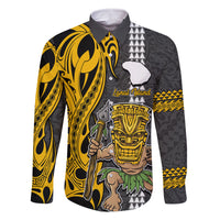 Hawaii Lanai Island Family Matching Off Shoulder Short Dress and Hawaiian Shirt Hawaiian Warrior and Kakau Symbols Abstract Tattoo LT03 Dad's Shirt - Long Sleeve Yellow - Polynesian Pride