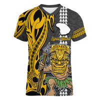 Hawaii Lanai Island Women V Neck T Shirt Hawaiian Warrior and Kakau Symbols Abstract Tattoo LT03 Female Yellow - Polynesian Pride