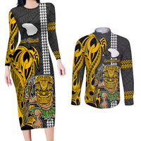 Custom Hawaii Lanai Island Couples Matching Long Sleeve Bodycon Dress and Long Sleeve Button Shirts Hawaiian Warrior and Kakau Symbols Abstract Tattoo LT03 Yellow - Polynesian Pride