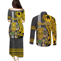 Custom Hawaii Lanai Island Couples Matching Puletasi Dress and Long Sleeve Button Shirts Hawaiian Warrior and Kakau Symbols Abstract Tattoo LT03 - Polynesian Pride
