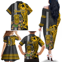 Custom Hawaii Lanai Island Family Matching Off Shoulder Long Sleeve Dress and Hawaiian Shirt Hawaiian Warrior and Kakau Symbols Abstract Tattoo LT03 - Polynesian Pride
