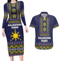 Philippines Merry Christmas Couples Matching Long Sleeve Bodycon Dress and Hawaiian Shirt Maligayang Pasko with Parol and Xmas Pattern Barong Style