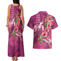 Hawaiian Turtle Love Couple Couples Matching Tank Maxi Dress and Hawaiian Shirt - Sweet Hibiscus and Kakau Pattern Rose Color