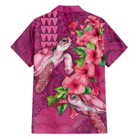 Hawaiian Turtle Love Couple Family Matching Off Shoulder Short Dress and Hawaiian Shirt - Sweet Hibiscus and Kakau Pattern Rose Color