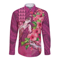 Hawaiian Turtle Love Couple Long Sleeve Button Shirt - Sweet Hibiscus and Kakau Pattern Rose Color LT03 Unisex Pink - Polynesian Pride