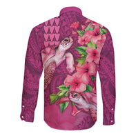 Hawaiian Turtle Love Couple Long Sleeve Button Shirt - Sweet Hibiscus and Kakau Pattern Rose Color LT03 - Polynesian Pride
