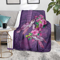Hawaiian Turtle Love Couple Blanket - Sweet Hibiscus and Kakau Pattern Deep Purple Color