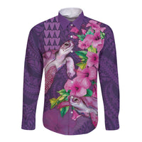 Hawaiian Turtle Love Couple Long Sleeve Button Shirt - Sweet Hibiscus and Kakau Pattern Deep Purple Color LT03 Unisex Purple - Polynesian Pride