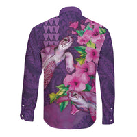Hawaiian Turtle Love Couple Long Sleeve Button Shirt - Sweet Hibiscus and Kakau Pattern Deep Purple Color LT03 - Polynesian Pride