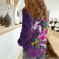 Hawaiian Turtle Love Couple Women Casual Shirt - Sweet Hibiscus and Kakau Pattern Deep Purple Color