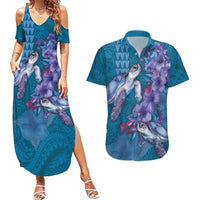 Hawaiian Turtle Love Couple Couples Matching Summer Maxi Dress and Hawaiian Shirt - Sweet Hibiscus and Kakau Pattern Sapphire Color