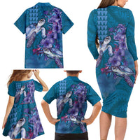 Hawaiian Turtle Love Couple Family Matching Long Sleeve Bodycon Dress and Hawaiian Shirt - Sweet Hibiscus and Kakau Pattern Sapphire Color
