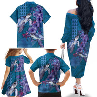 Hawaiian Turtle Love Couple Family Matching Off The Shoulder Long Sleeve Dress and Hawaiian Shirt - Sweet Hibiscus and Kakau Pattern Sapphire Color