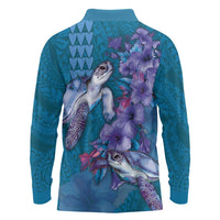 Hawaiian Turtle Love Couple Long Sleeve Polo Shirt - Sweet Hibiscus and Kakau Pattern Sapphire Color
