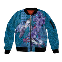 Hawaiian Turtle Love Couple Sleeve Zip Bomber Jacket - Sweet Hibiscus and Kakau Pattern Sapphire Color LT03 Unisex Blue - Polynesian Pride