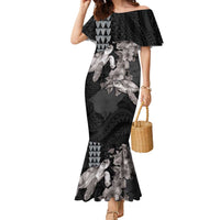 Hawaiian Turtle Love Couple Family Matching Mermaid Dress and Hawaiian Shirt - Sweet Hibiscus and Kakau Pattern Grayscale Color