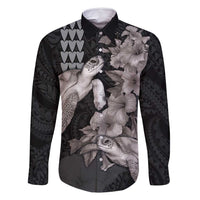 Hawaiian Turtle Love Couple Family Matching Off Shoulder Short Dress and Hawaiian Shirt - Sweet Hibiscus and Kakau Pattern Grayscale Color