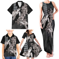 Hawaiian Turtle Love Couple Family Matching Tank Maxi Dress and Hawaiian Shirt - Sweet Hibiscus and Kakau Pattern Grayscale Color