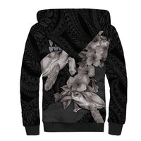 Hawaiian Turtle Love Couple Sherpa Hoodie - Sweet Hibiscus and Kakau Pattern Grayscale Color
